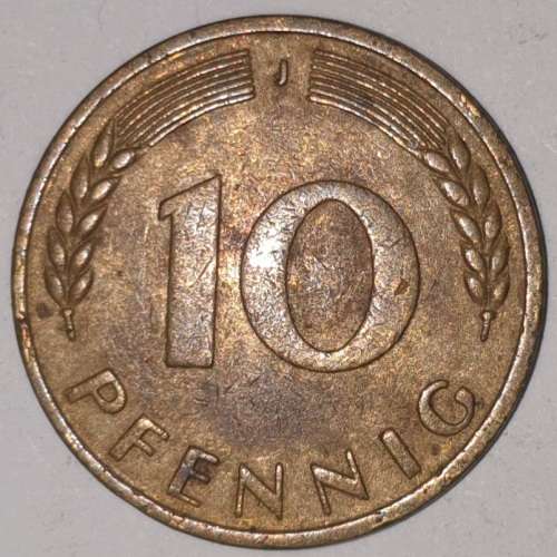 1950 J - 10 PFENNIG - TEN PFENNIG - GERMANY - FEDERAL REPUBLIC - (Brass Clad Steel) KM# 108